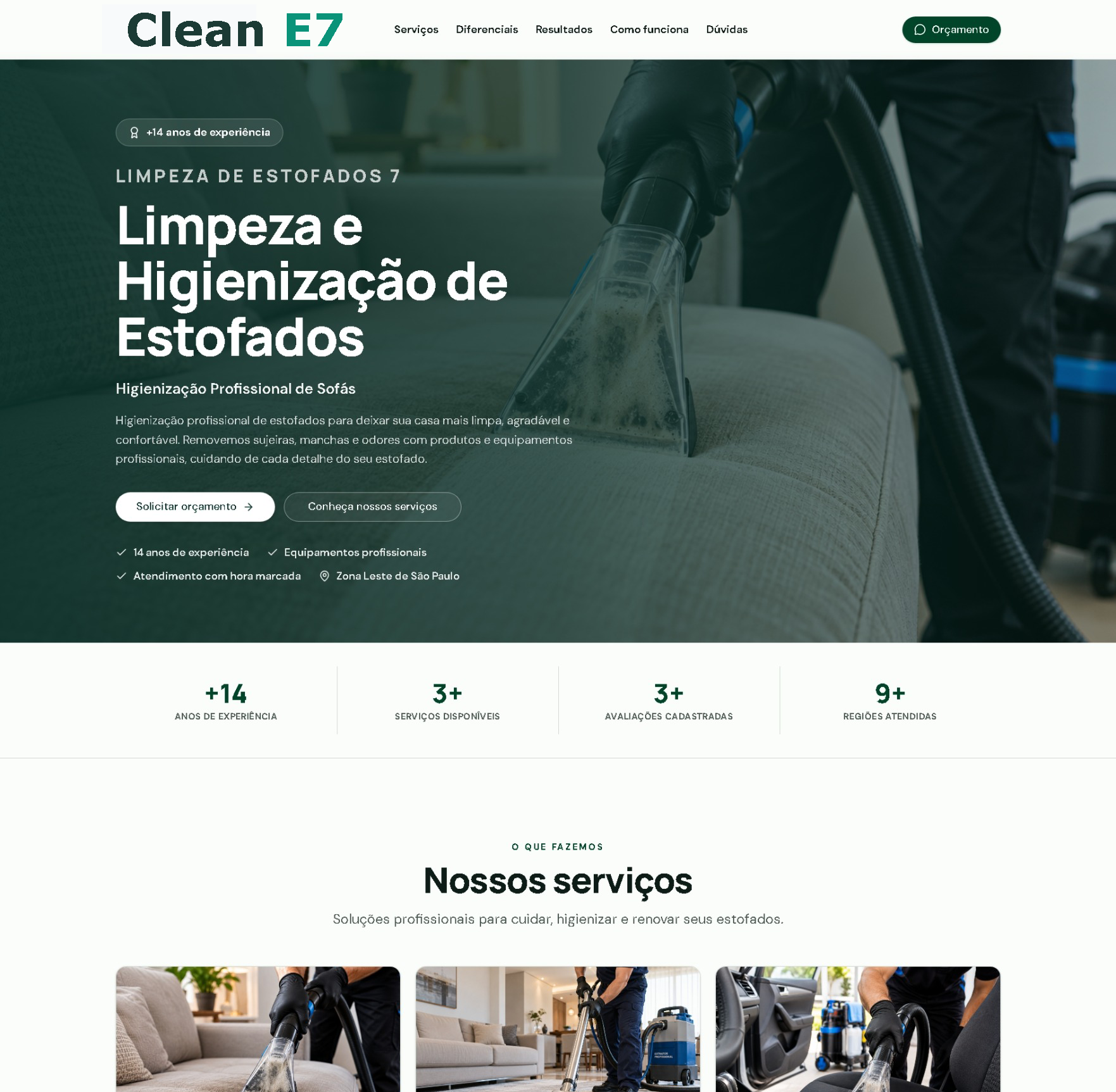 Página profissional de higienização de estofados aberta no navegador